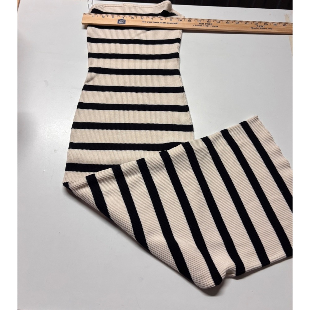 H&M Women Small Cream Black Striped Ribbed Knit Strapless Tube Midi Dress